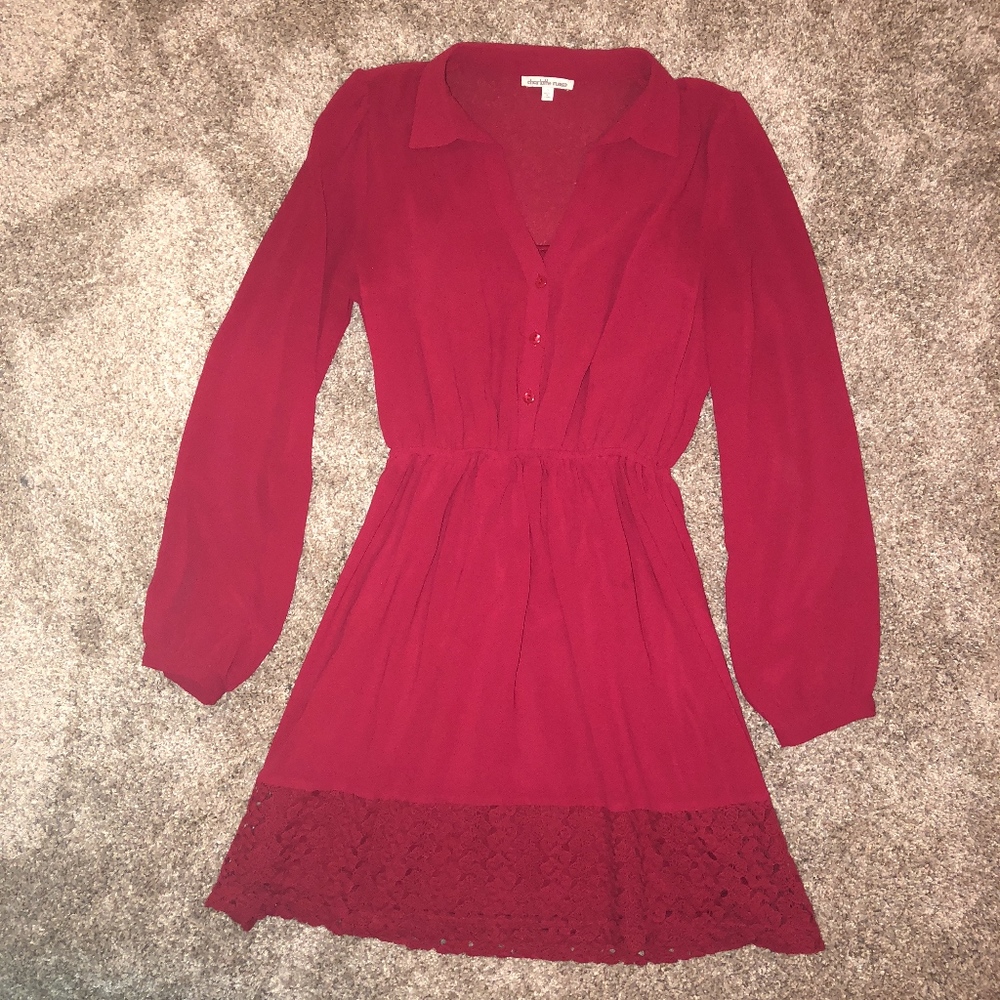 Red Long Sleeve Button Up Collared Dress